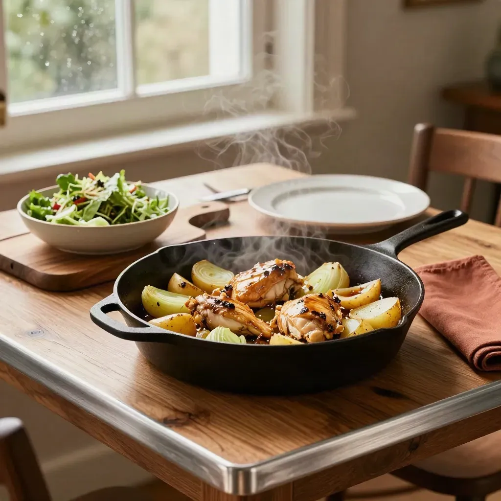 Poêle en fonte avec poulet, pommes de terre et fenouil, salade en céramique, planche prête