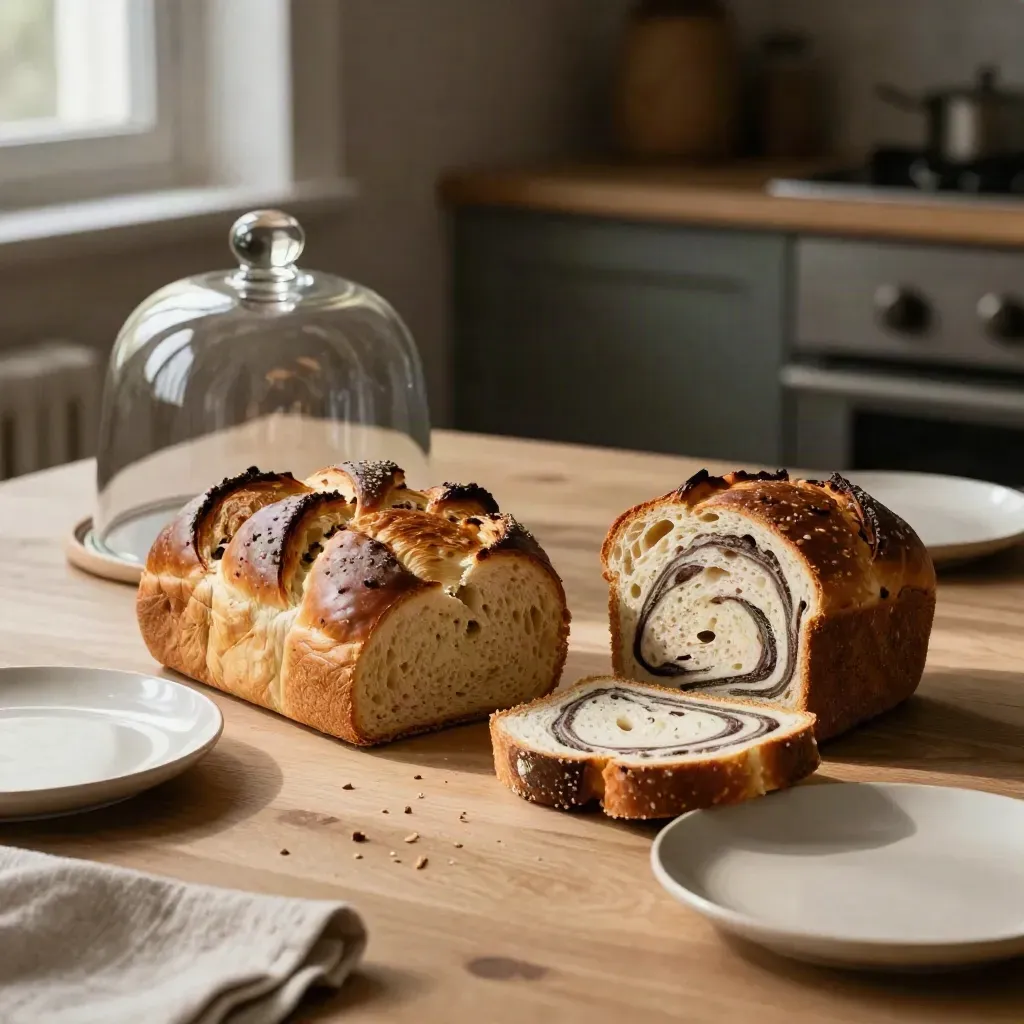 Brioche torsadée, cake marbré tranché et cloche en verre sur table claire.