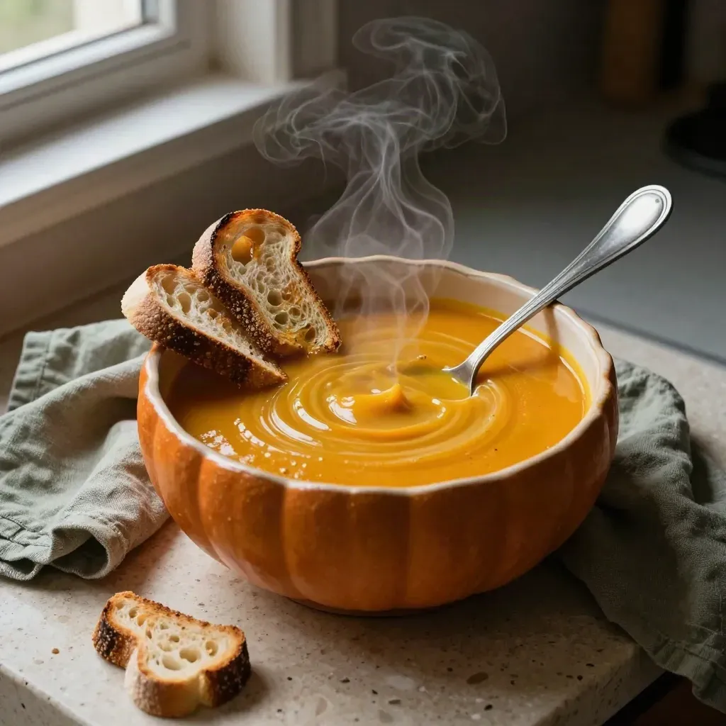 Bol de soupe de potimarron fumant, pain grillé et cuillère sur pierre claire